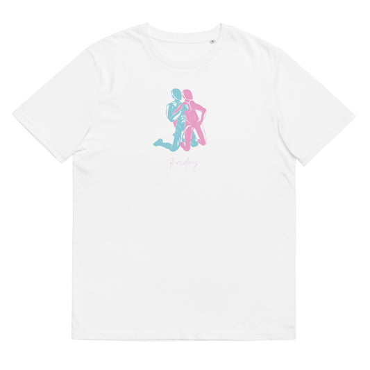 Unisex organic cotton t-shirt (LESS STRESS MORE SEX) Friday